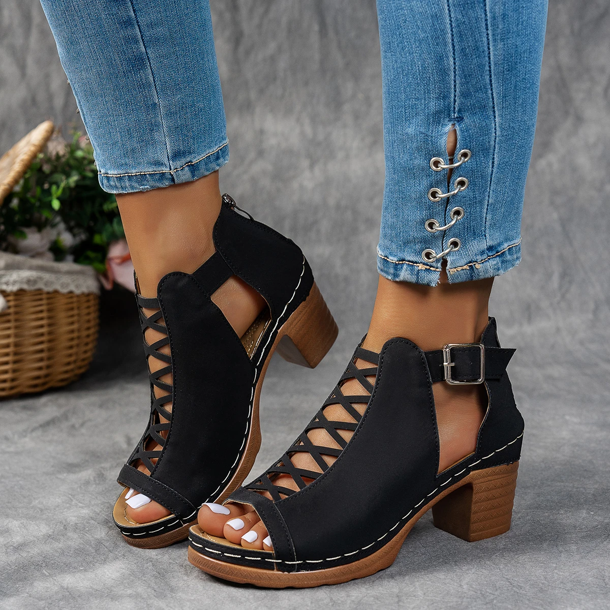 Women Summer Elegant Sandals Thick Heel Wedge Chunky High Heels Sandals Open Toe Hollow Cross Bundled Wedding Shoes for Women image 5