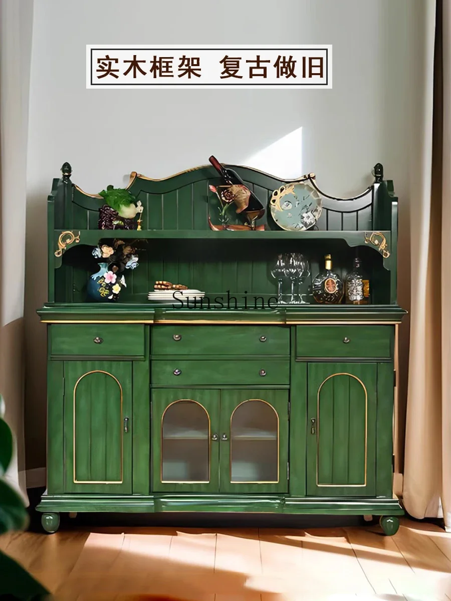 American country dining side cabinet solid wood against the wall kitchen rack wine cabinet retro green furniture