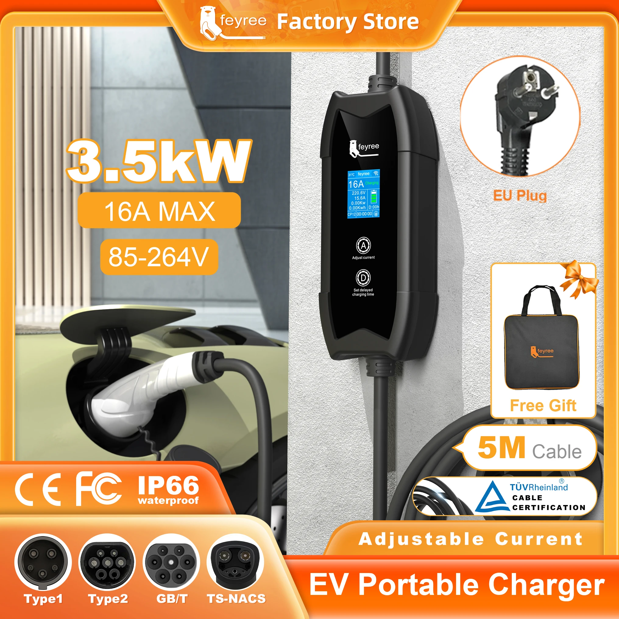 feyree EV Charger Type2 3.5KW 16A Portable Charging Box Set Current and Set Delay Time 5M Cable for Electric Vehicle Car Charger