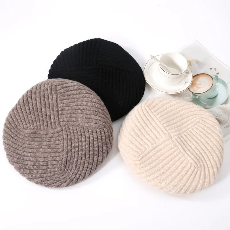 100%Wool Knitted Beret Hat Women Winter French Artist Style Beanies Hat Soft Warm Retro Elegant Cashmere Flap Cap Lady Spring