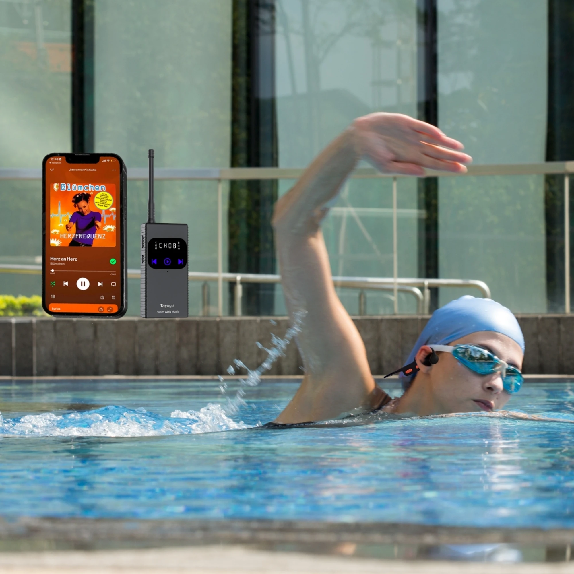Tayogo T6 W23 Swimming Headphones, Waterproof Bone Conduction Receiver, Live Music and Swim Coach Communication