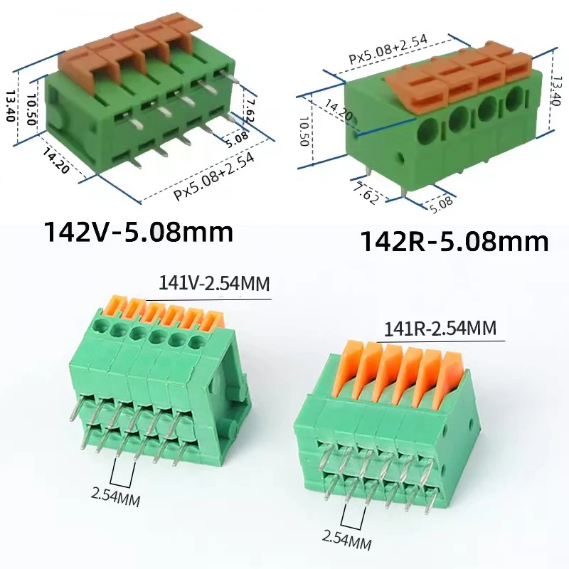 2.54mm Pitch 4 Poles Spring Clamp Terminal Blocks, Horizontal Wiring, ( 30 units a pack )