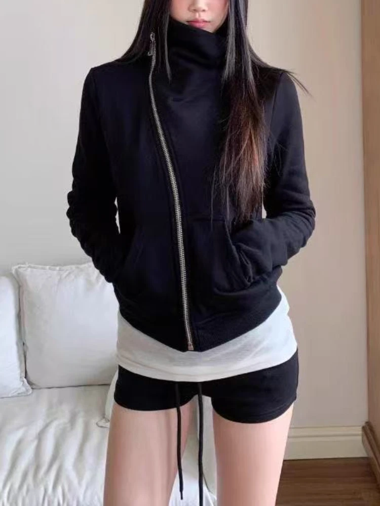 سترة نسائية كورية بقلنسوة وأكمام طويلة للخريف والشتاء سترة فضفاضة غير رسمية ملابس هاراجوكو الصلبة Y2k بسحاب 2025 #1