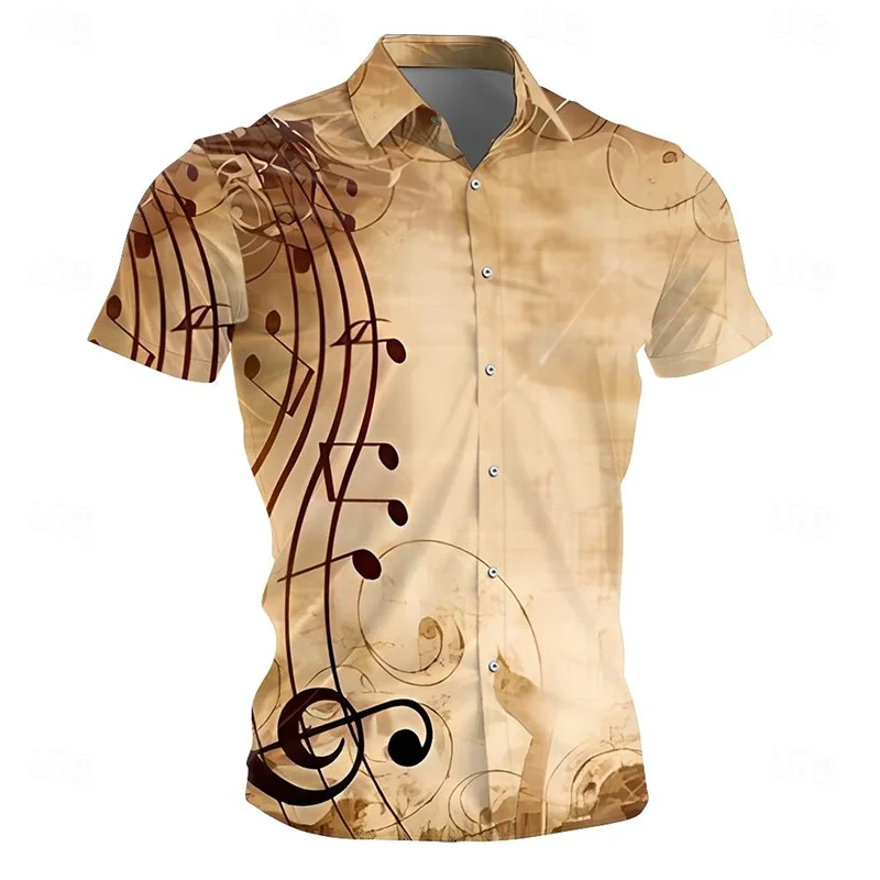 Hawaiian Men's T-shirt Shirt Fashion Music Symbol Black And White Plaid Button New Short Sleeve Lapel Men's Tops Plus Size
