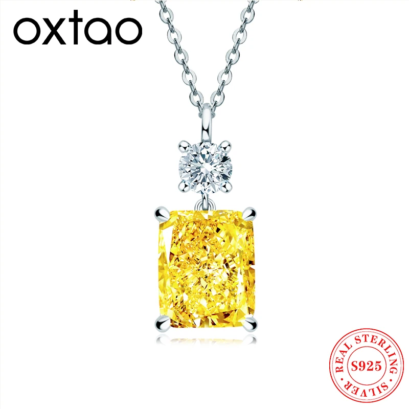 

OXTAO сияющая огранка, кулон, ожерелье с кубическим цирконием для женщин, серебро 925, простое ожерелье с четырьмя когтями, свадебные украшения, подарок