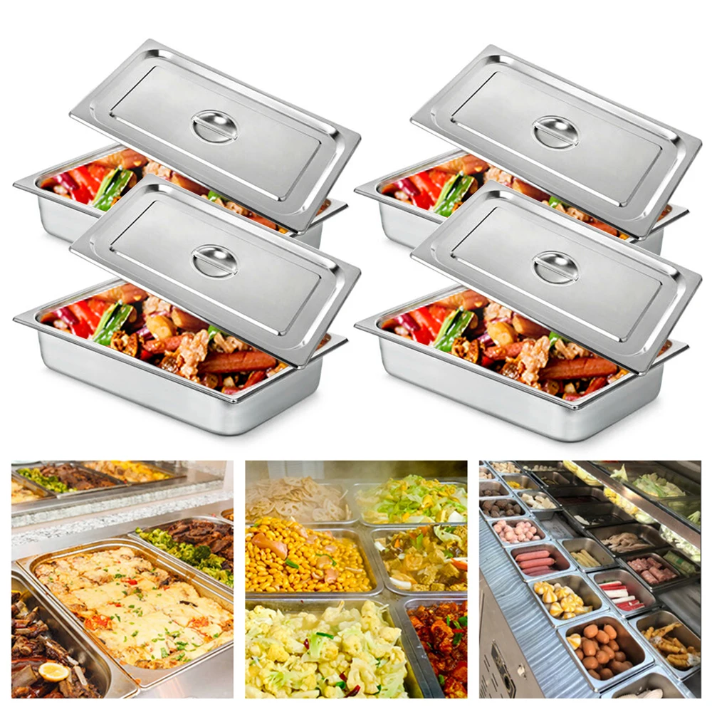 

4"Deep 4 Pack Rectangle Chafing Dish Full Size Stainless Steel Steam Table Pans w/ Lids Hotel Food Prep Buffet Catering