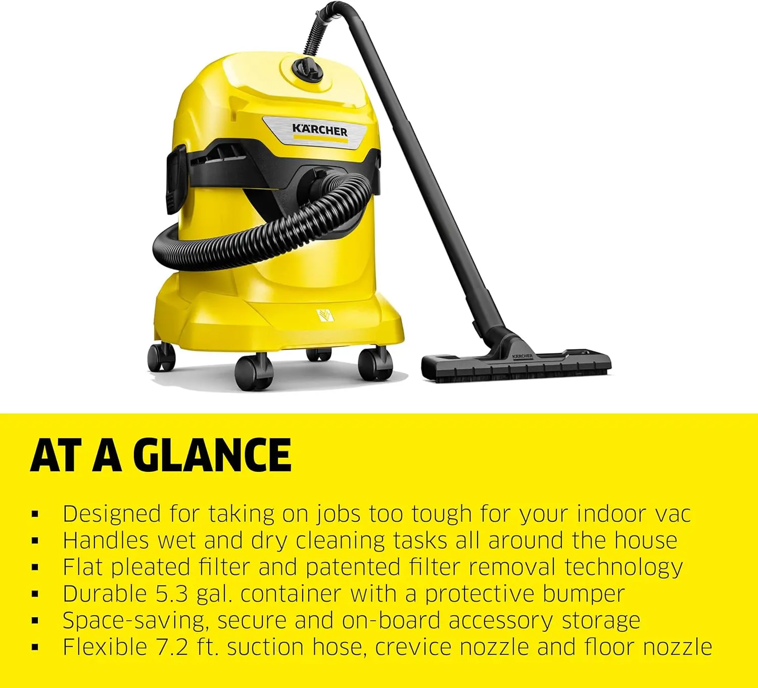 Kärcher WD 4 Multi-Purpose WetDry Vacuum Cleaner  5.3 Gallon With Attachments, Space-Saving Design  1100W - 2022 Edition,Yellow