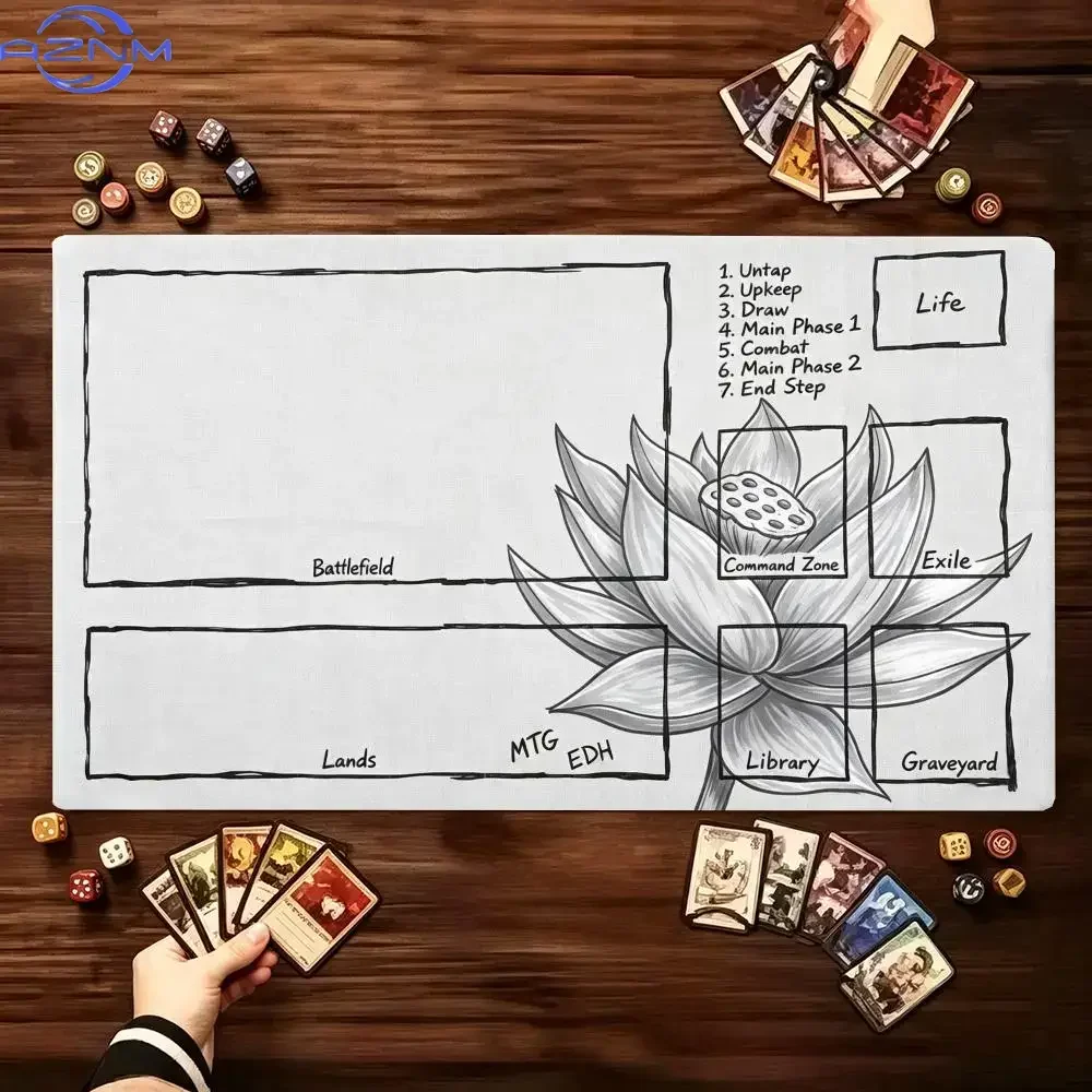 Blue Lotus Playmat With Zones Layout Card Game Play Mat Stitched Edge Non Slip Table Mat TCG CCG Trading Card Game Desk Pad