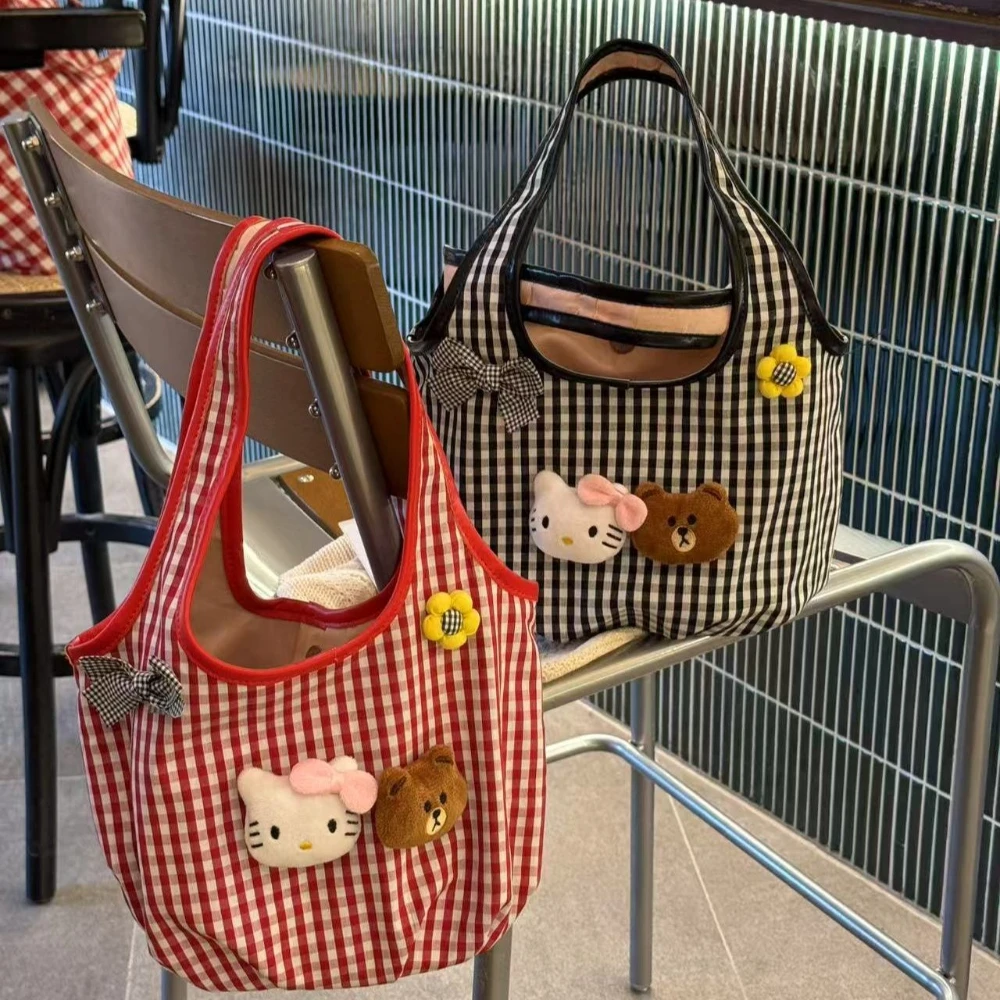 

New Hello Kitty shoulder bag Cute Cat Plaid women's shoulder small tote bag Cartoon Sanrio Handbag cartoon patch underarm bag