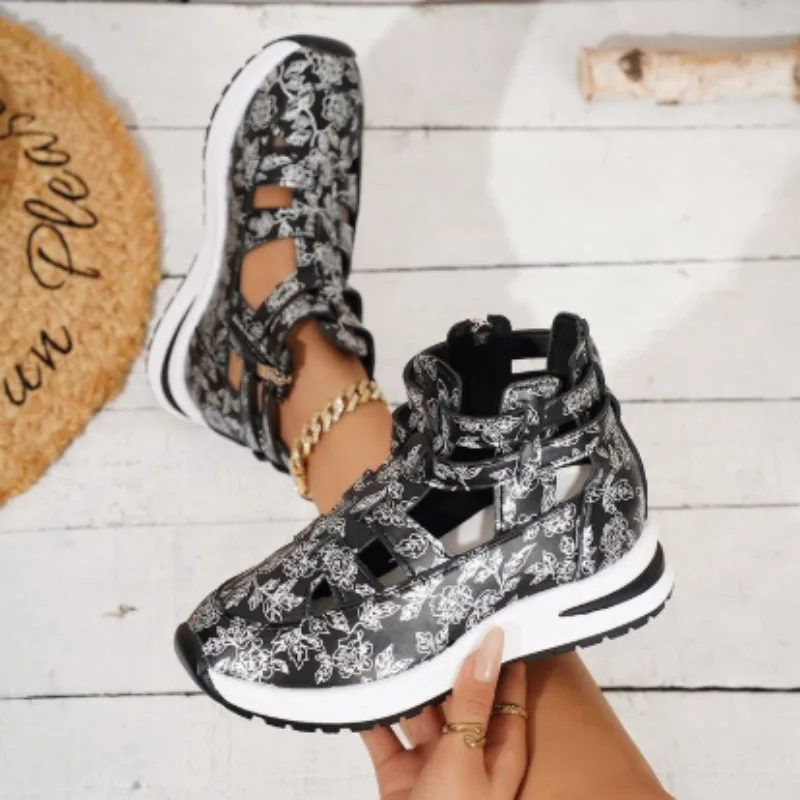 Ladies Slope Heel Sandals Non-slip Lightweight Comfortable Casual Mid Heels Women High Top Shoes Casual Hollow Breathable Shoes