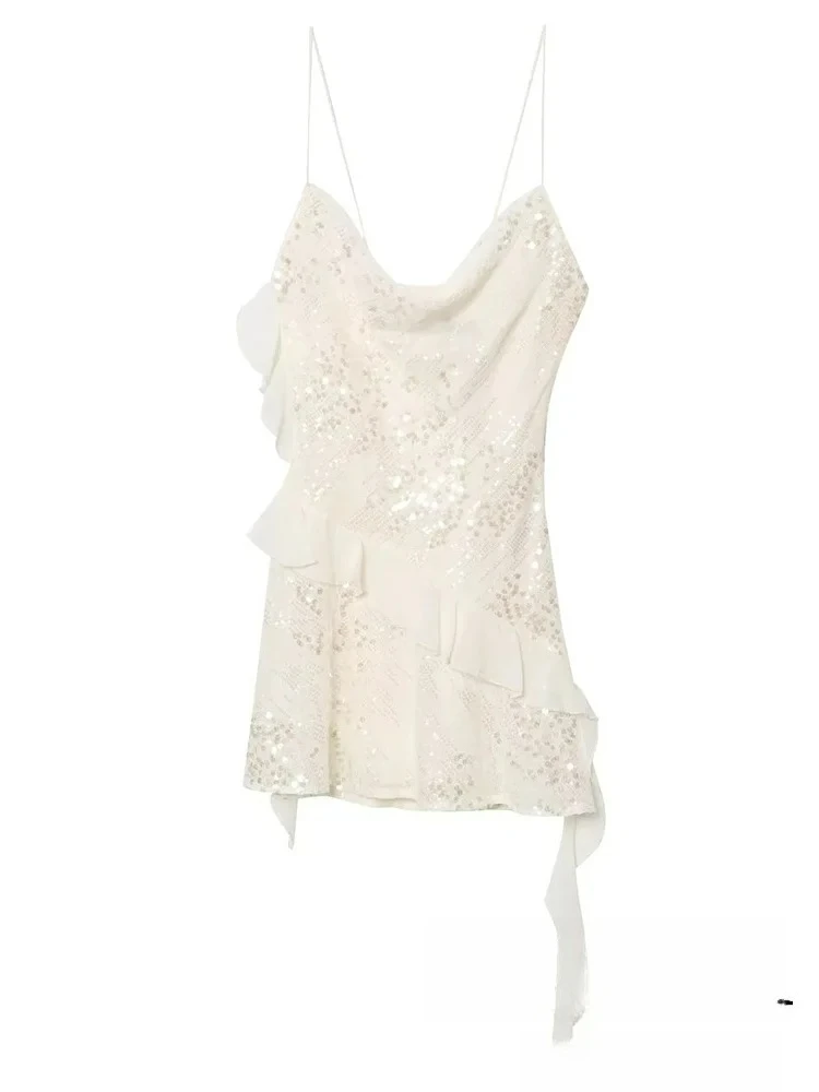 KONDALA Casual Chic Women Dress Solid Cami Backless Sequined Tierred Mini Short Dress New Fashion 2025 Summer Club Slim Dress