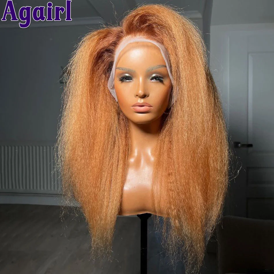 Peruca de cabelo humano reta para mulheres, laranja, marrom, Yaki, Kinky, pré arrancado, pronto para ir, 6x4, 13x4, 13x6, 200%