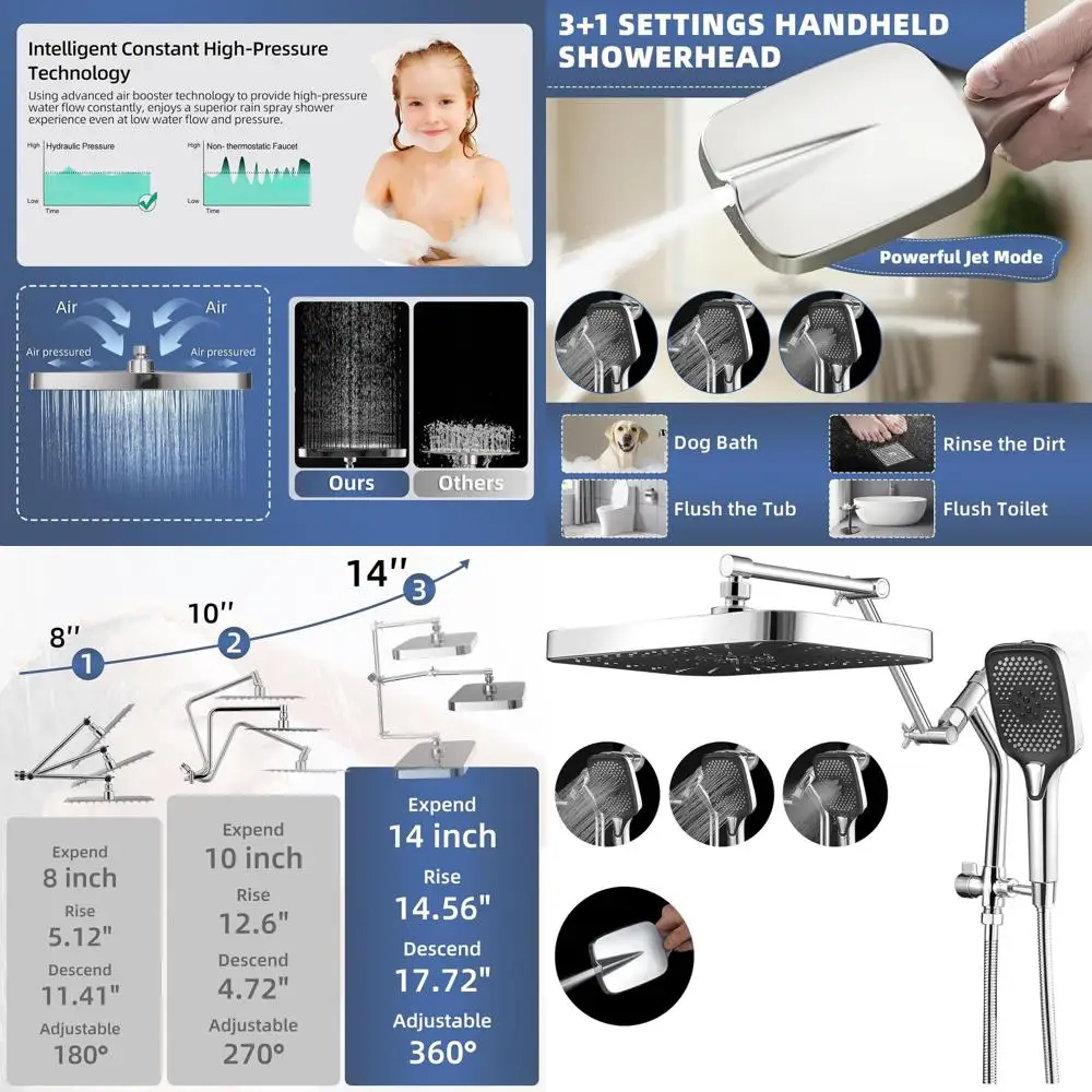 14 Adjustable Dual Shower System with 3+1 Setting Handheld and Power Wash, Polished Chrome