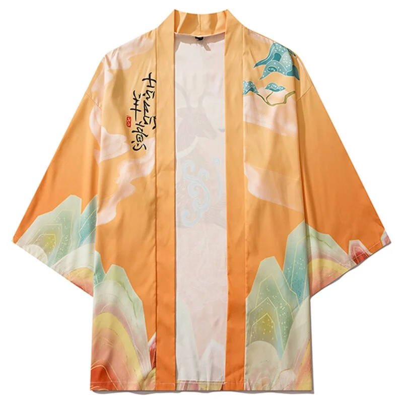 النمط الصيني الملابس الآسيوية سيكا الغزلان طباعة قميص ثوب الكيمونو الياباني Harajuku يوكاتا النساء الرجال سترة تأثيري الشاطئ القمم