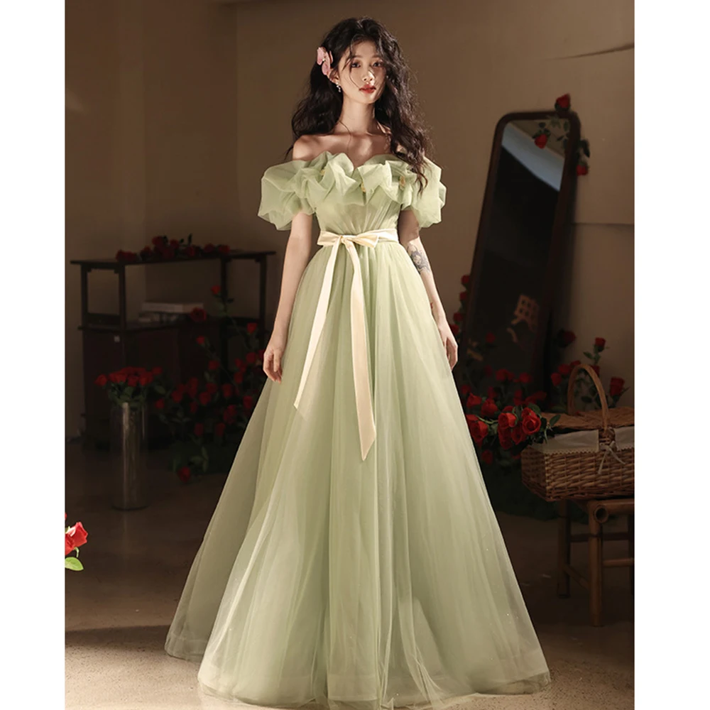 Elegant Light Green Evening Dress Women\'s Light Luxury Pleated Off Shoulder Collar Prom Gown Lace Up Belt A-Line Party Vestido