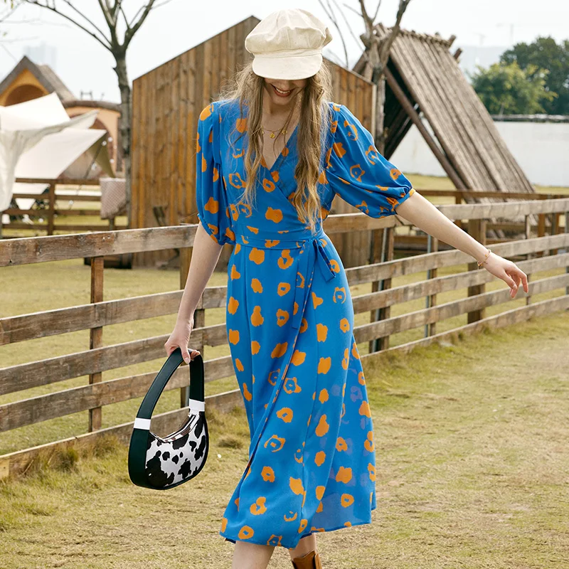 Vestido de seda verão 2025 design de emenda vestido longo nova lanterna vestido francês de manga curta