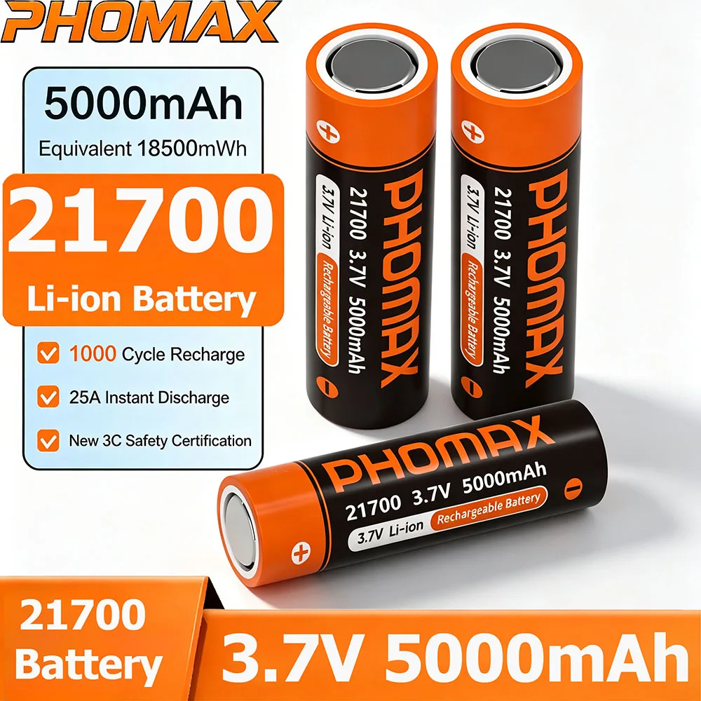PHOMAX 21700 Akumulator z płaskim wierzchołkiem 3.7V 5000mAh Baterie litowo-jonowe do latarek, elektronarzędzi i innych urządzeń Idealny wybór