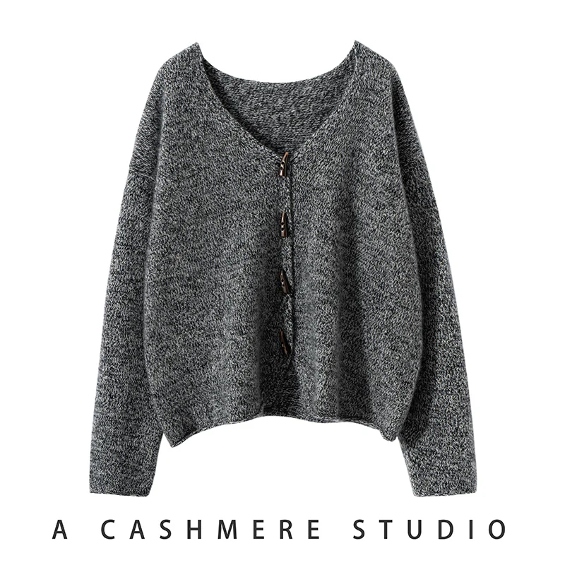 Hot Sale Autumn Winter Women 100% Cashmere Sweater Female Fashion Knitted Cardigans New V-Neck Loose Short Jacket Ladies Tops