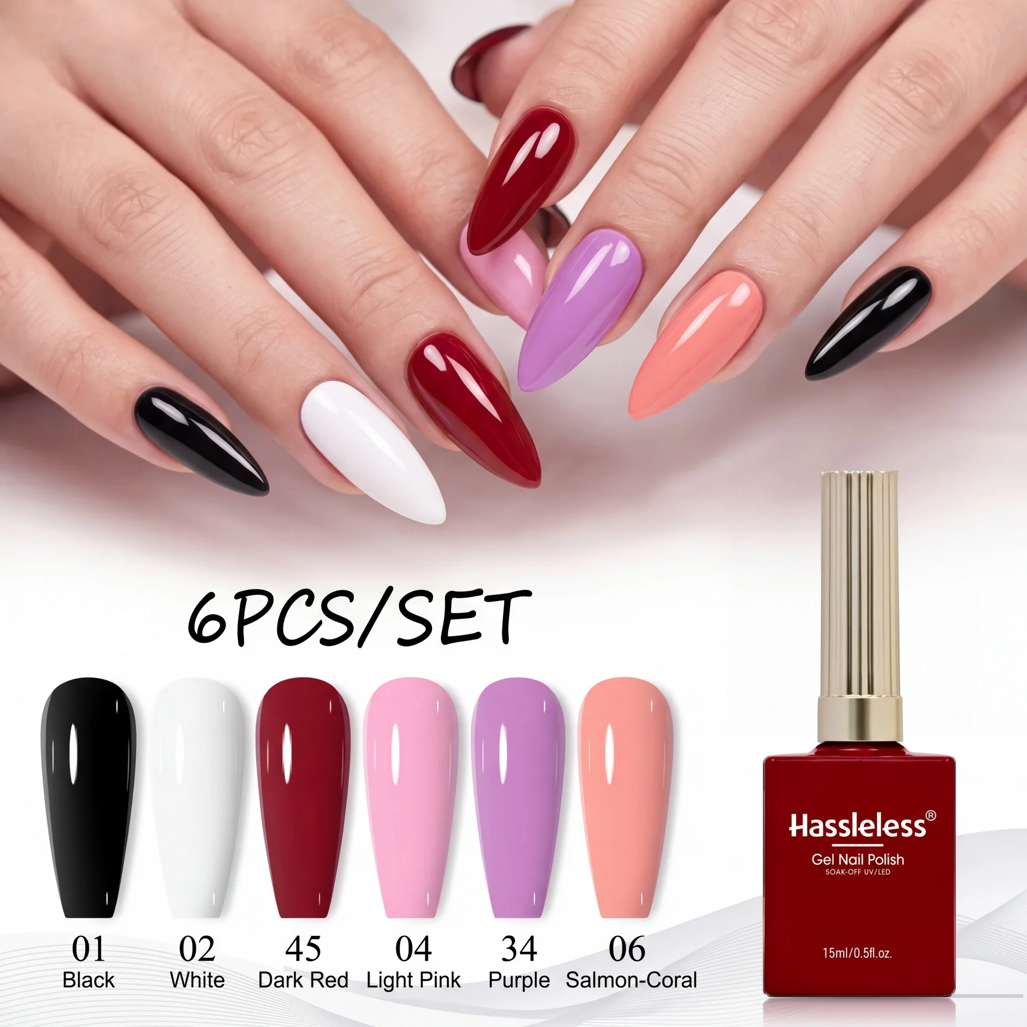Hassleless 6Pcs Basic Solid Color Nail Polish Gel Set, Removable Uv Nail Polish Gel, Black, White, Red, Pink, Purple, Nude Color, Nail Salon Daily DIY Nail Polish Gel Set