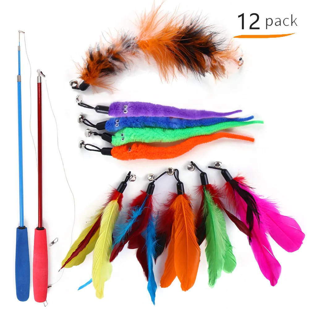 Funny Kitten Teaser Interactive Toy Rod with Bell With Replaced Feathers and Butterfly Fish Set Toys for Kitten Gift Pets Supply