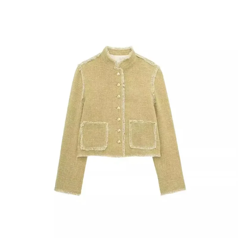 

Elegant Tweed Women's Jackets Coat Fashion Tassel Single Breasted Stand Collar Pockets Female Jacket 2024 Autmn Lady Outwear