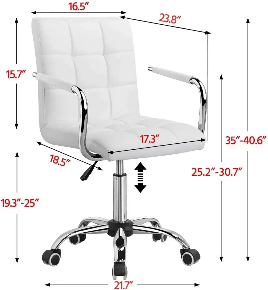 White Desk Chairs with Wheels/Armrests Modern PU Leather Office Chair Midback Adjustable Home Computer Executive Chair