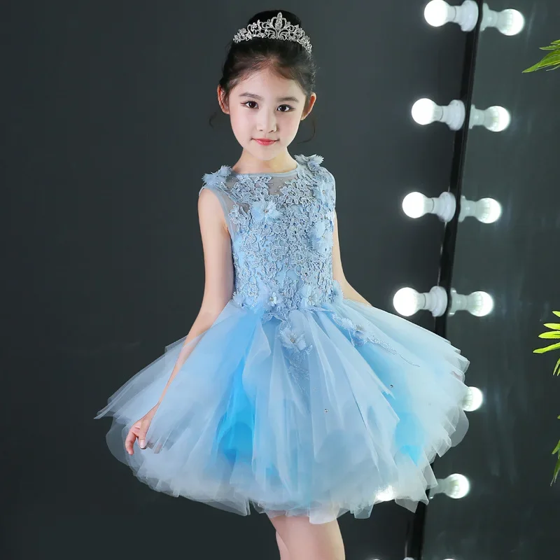 Long Trailing Flower Girls Dresses for Wedding Light Blue Kids Pageant Dress First Holy Communion Dress Party Prom Dress