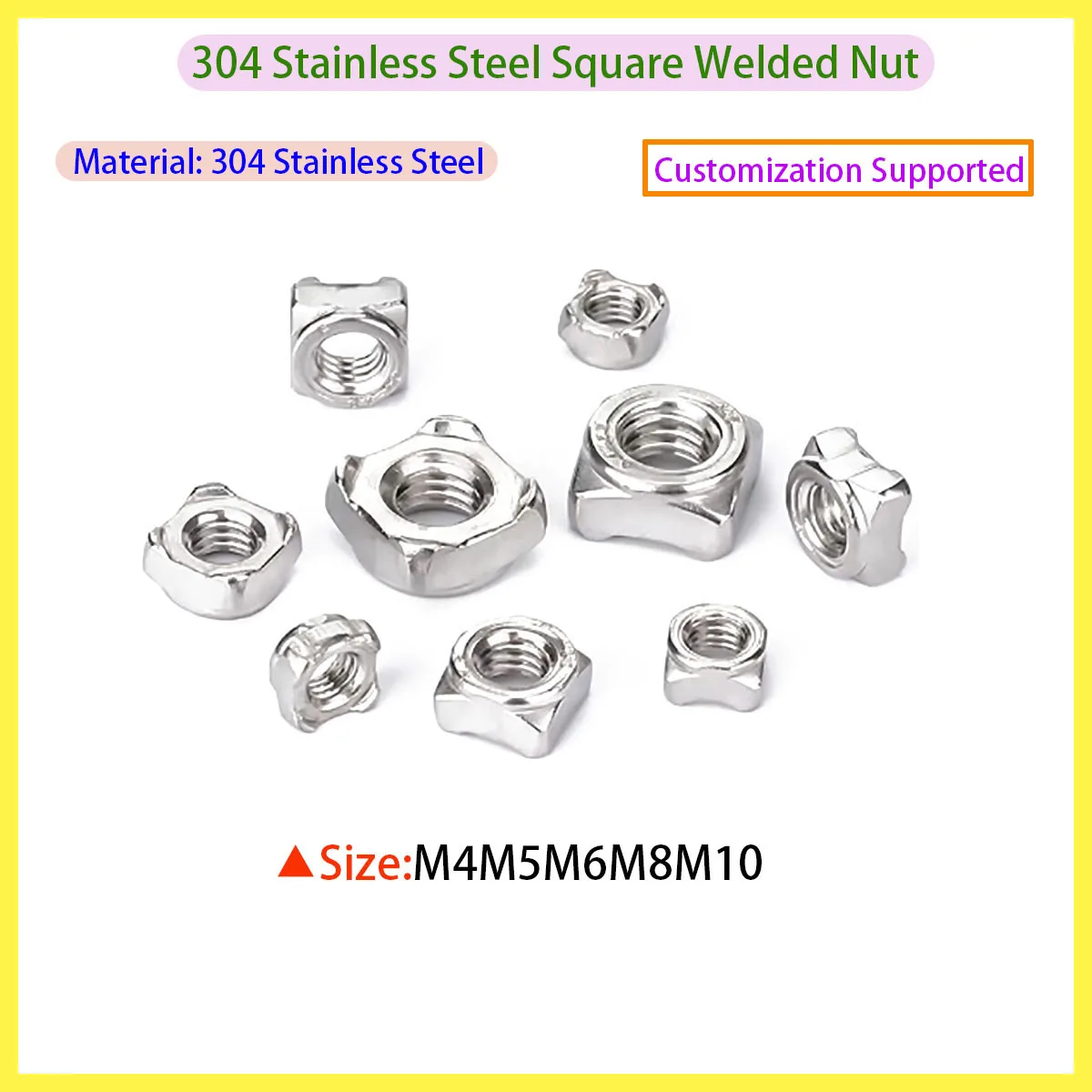 304 Stainless Steel Square Weld Nuts Square Spot Weld Nuts for Industrial Welding & Sheet Metal Use M5-M10