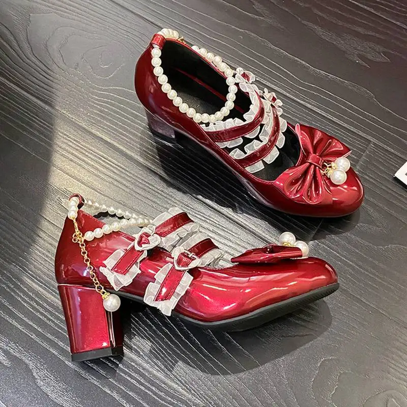 

ORCHALISA Новые туфли-лодочки для девочек с круглым носком и блочным каблуком 5,5 см, пряжка, ремешок, кружево, жемчуг, бант, большой размер 42 43, милые туфли в стиле Лолита 28 29