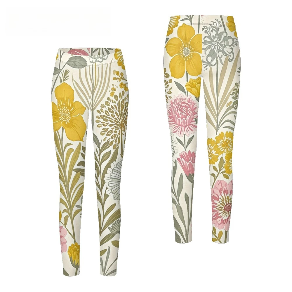 سراويل ضيقة نسائية عالية الخصر مع طباعة نباتية باللون الأزرق المخضر الطازج وقاعدة بيضاء مع أوراق شجر وزهور سراويل يوجا قابلة للتمدد للياقة البدنية غير رسمية #3