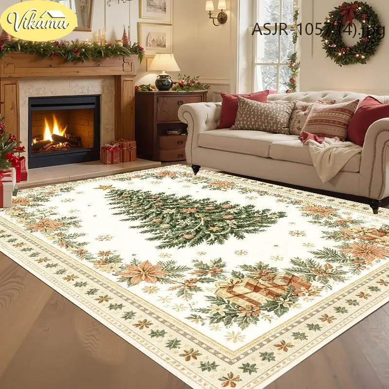 VIKAMA Christmas Area Rug Cream Pine Branch Poinsettia Gift Print Decorative Non Slip For Living Room Bedroom Dining Decor