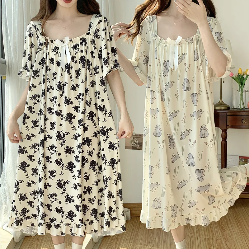 Plus Size 5XL 150KG Summer Women Sleep Dress Flower Nightdress Short Sleeve Home Wear Sweet Nightgown