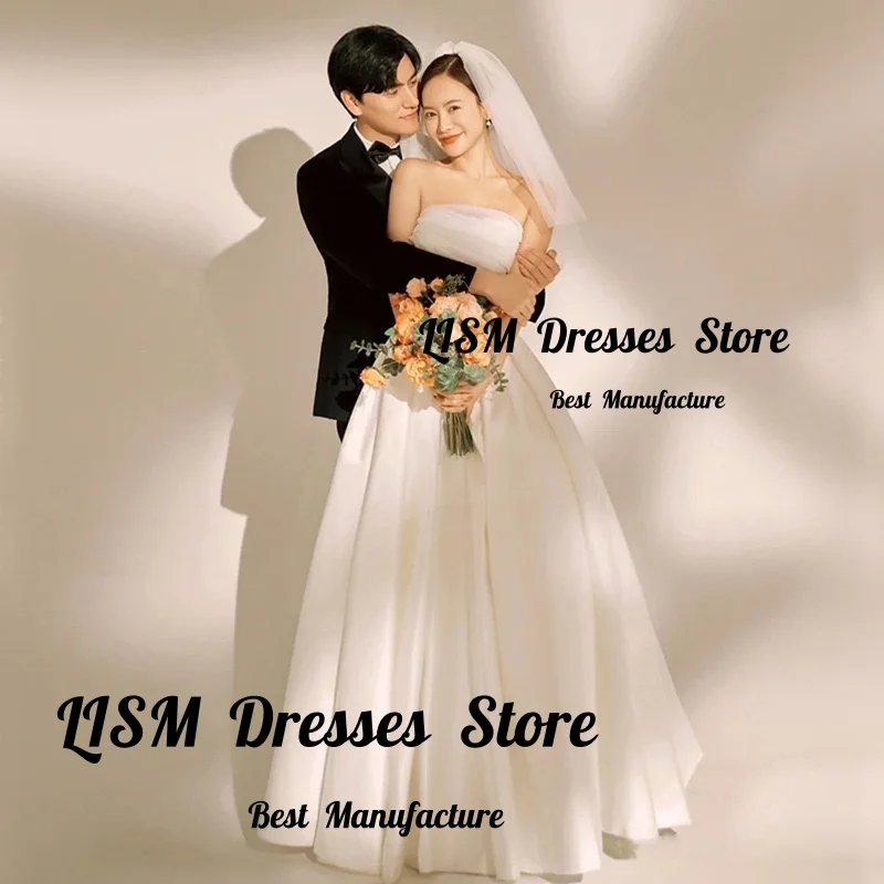 Lism Customized Simple Korean Wedding Dresses Strapless Ivory Satin with Organza Pleat A-Line Photo shoot Bridal Reception Gown