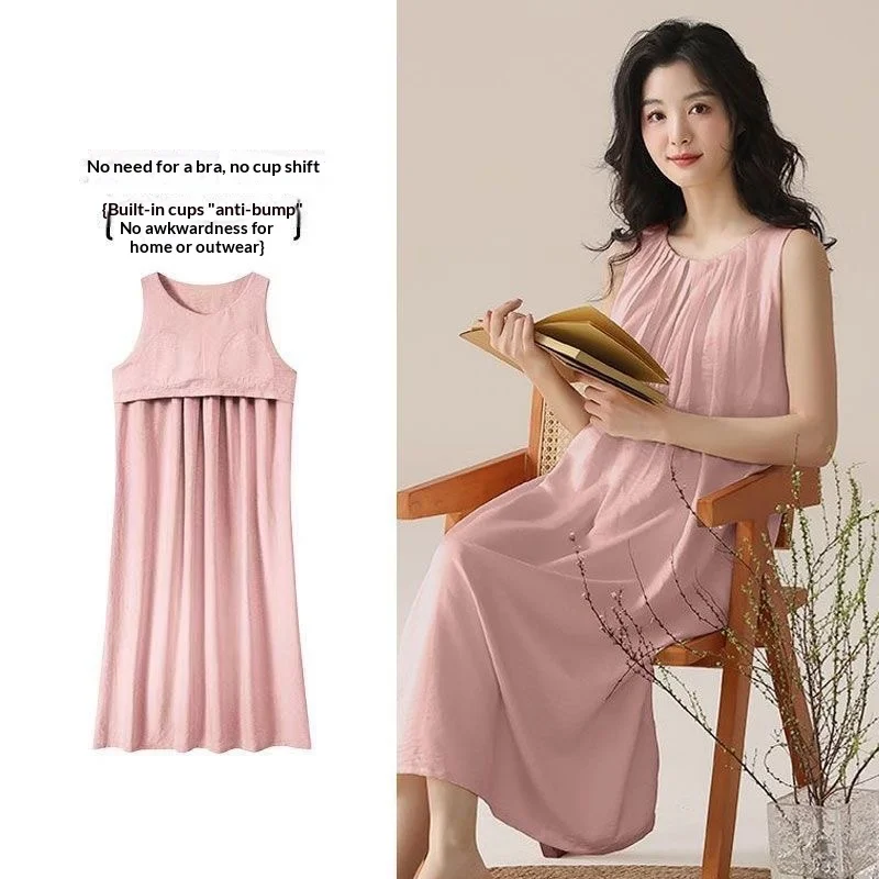 

Women's Padded Sleeveless Vest Nightgown, Summer New Style, Solid Color, Loose and Comfortable Pullover, Home Long Sleepwear