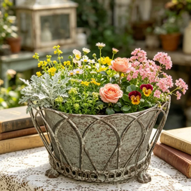 Villa courtyard desktop French retro old cast iron foot lace edge base flower pot