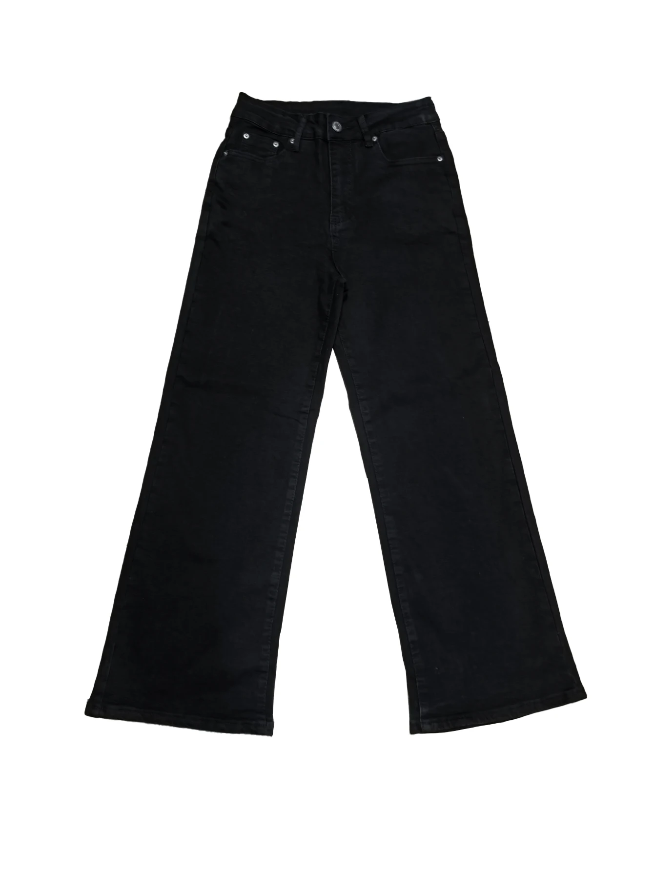 Schwarze, hoch taillierte Neun-Zoll-Jeans mit weitem Bein, stilvolle Arbeitskleidung für Damen. Die entspannte Passform ist sowohl elegant als auch lässig. Schwarz hergestellt