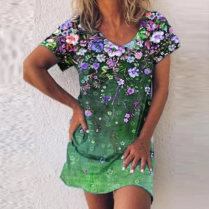 Vestido de verano con estampado Floral para mujer, ropa elegante con cuello en V, jersey de manga corta a la moda, 2023