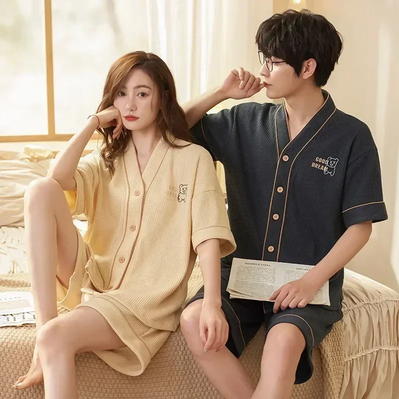 Waffle Couple's Shorts New Pajama Sets Summer Fashion Sleepwear For Pijamas Korean Young Loungewear Pajamas Cotton Casual