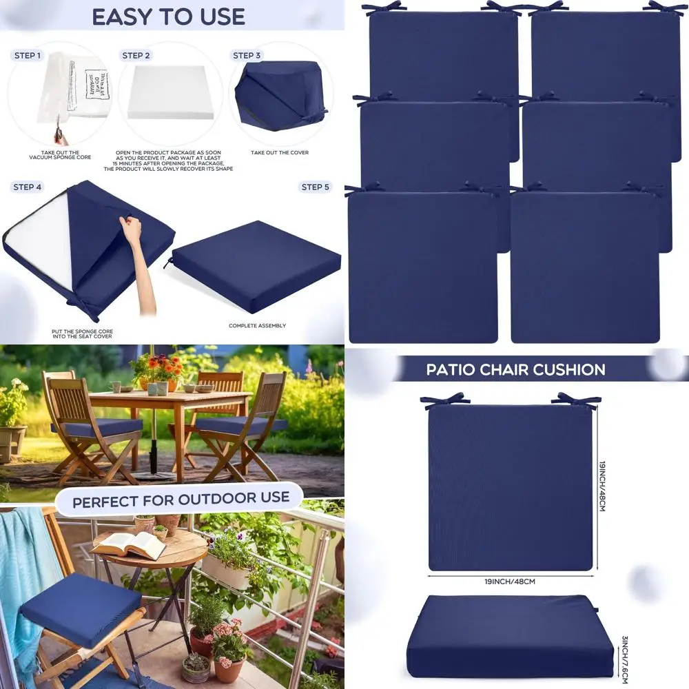 

Набор из 6 подушек для уличных стульев для патио, 19x19x3 дюймов, водонепроницаемых и устойчивых к выцветанию, темно-синих