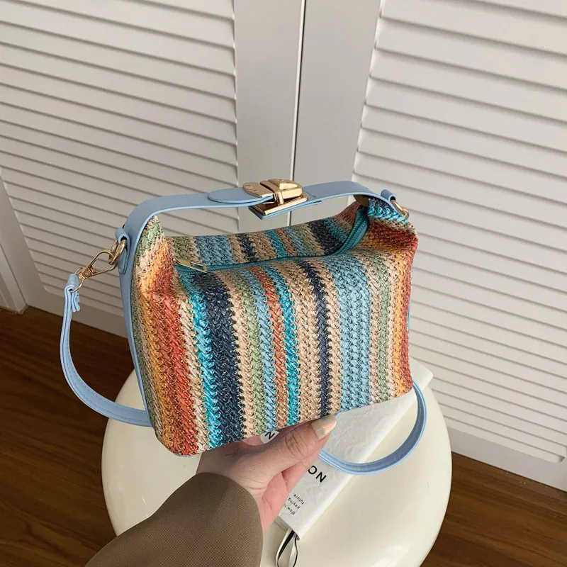 

Colorful Striped Straw Woven Crossbody Bag Small Square Shoulder Handbag With Lock Summer Casual Fashion Women Lightweight Bag