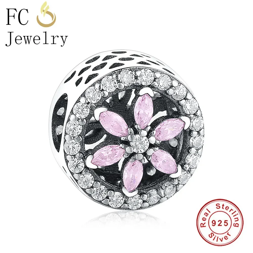 FC Jewelry Fit Original Brand Charms Bracelet 925 Sterling Silver Flower Pink Zirconia Crystal Stone Beads Making Berloque 2018