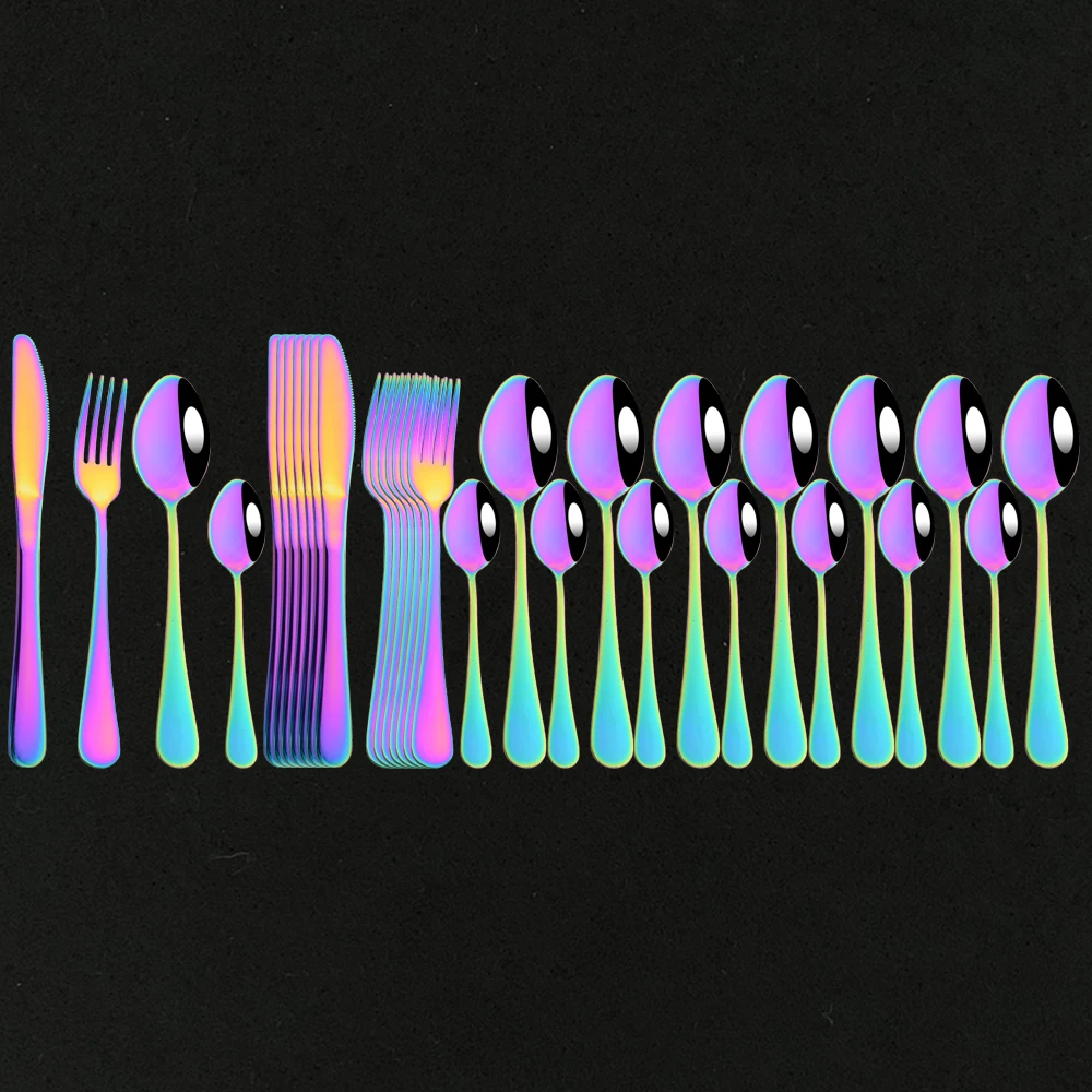 

32Pcs/Set Mirror Stainless Steel Dinnerware Set Knife Fork Coffee Spoon Cutlery Set Tableware Rainbow Kitchen Party Flatware Set