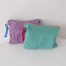 Women Girls Plaid Makeup Bag Cotton And Linen Cosmetic Bag With Zipper Pouch Simple Portable Large Capacity Storage Bag Fashion