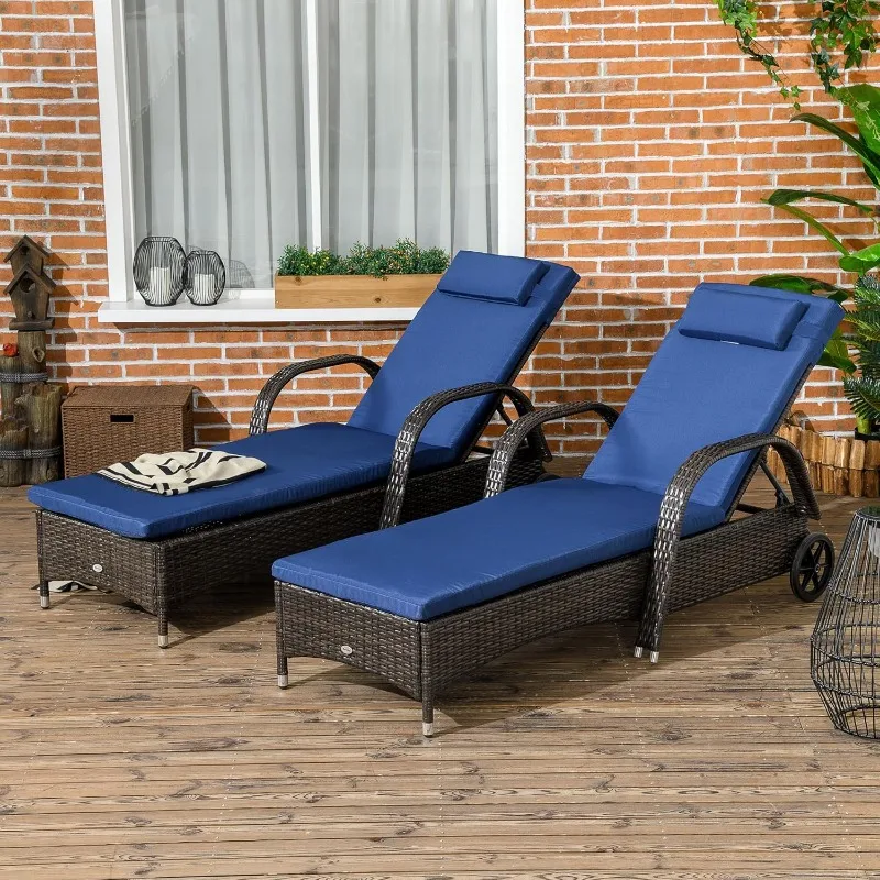 Wicker outdoor recliner Set of 2,5 grade PE cane pool recliner with adjustable back, wheels, cushion and headrest