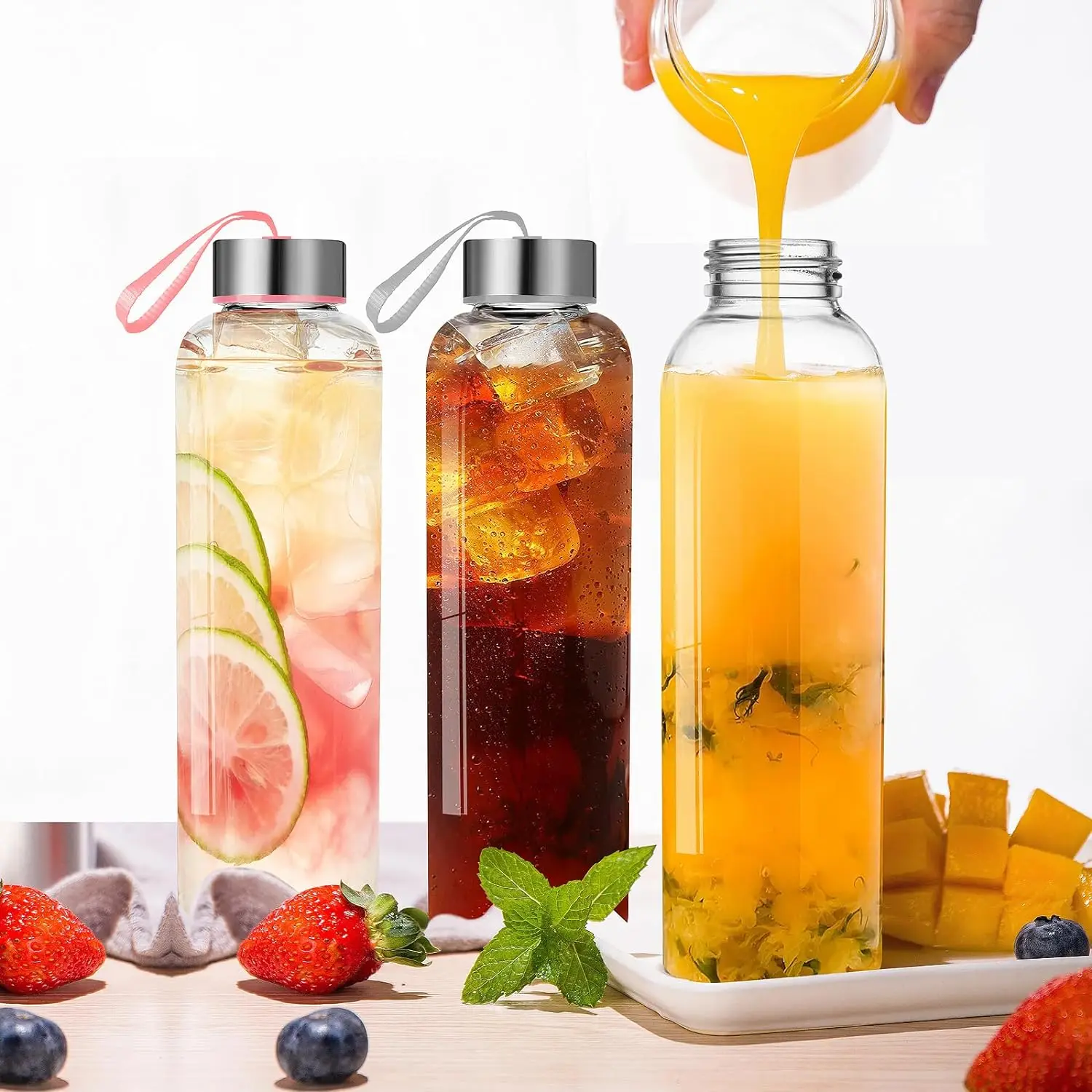 Glass Water Bottles with Lids for Juice, Reusable Juice Cleanses Bottles Wide Mouth Liquid Storage Containers for Refrigerator