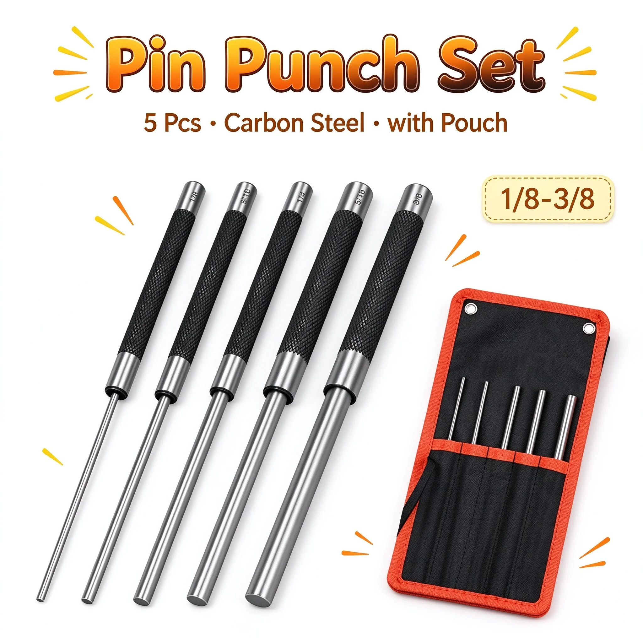 5-Piece Roll Pin Punch Set, 8-Inch Carbon Steel Pin Punch Tool Kit (1/8