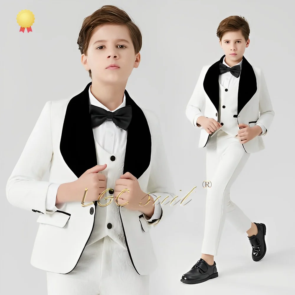 Boys' wedding tailcoat suit 3-piece set, black velvet-collared jacket, vest, and trousers, suitable for children aged 3 to 16