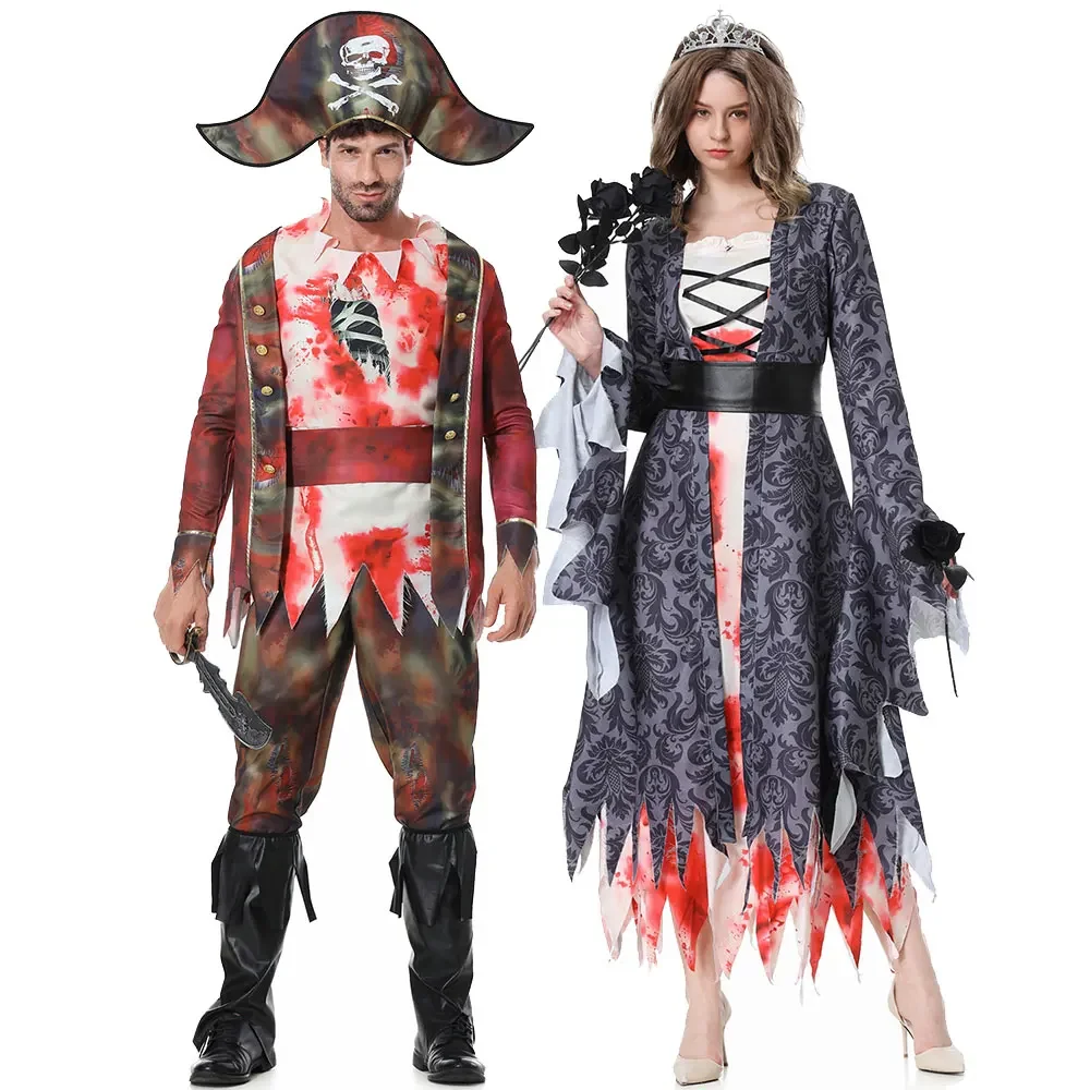 Costume da capitano zombie di Halloween, abito da festa di carnevale con cappello, costume da capitano pirata, donna, uomo, vampiro, strega, uniforme cosplay