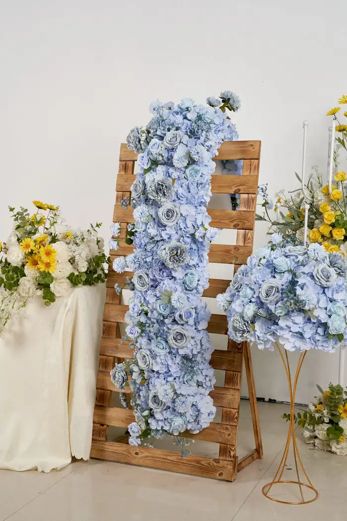 

Custom series luxury blue Champagne rose Hydrangea green leaf artificial mixed rectangular flower row wedding banquet decorative