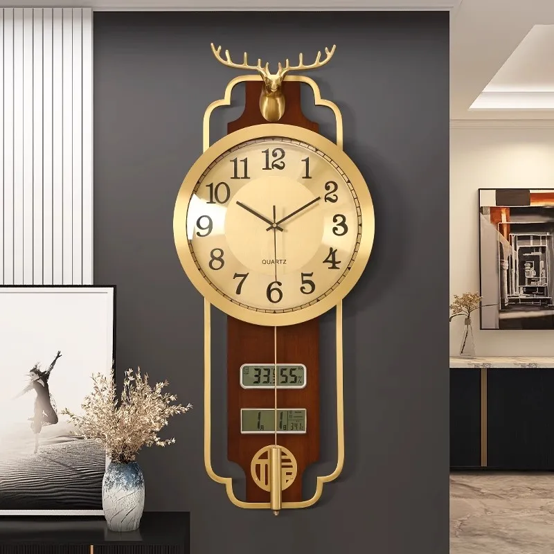 New Chinese style wall clock, living room, home use with date, brass solid wood vertical version, new decoration